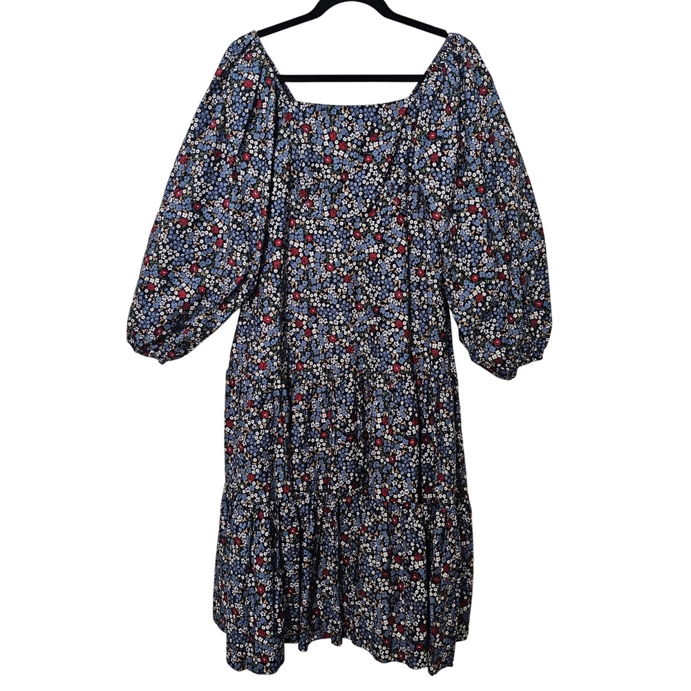 SUMMERSALT Floral Smocked Square Neck‎ Midi Dress Balloon Sleeve Blue Red Medium